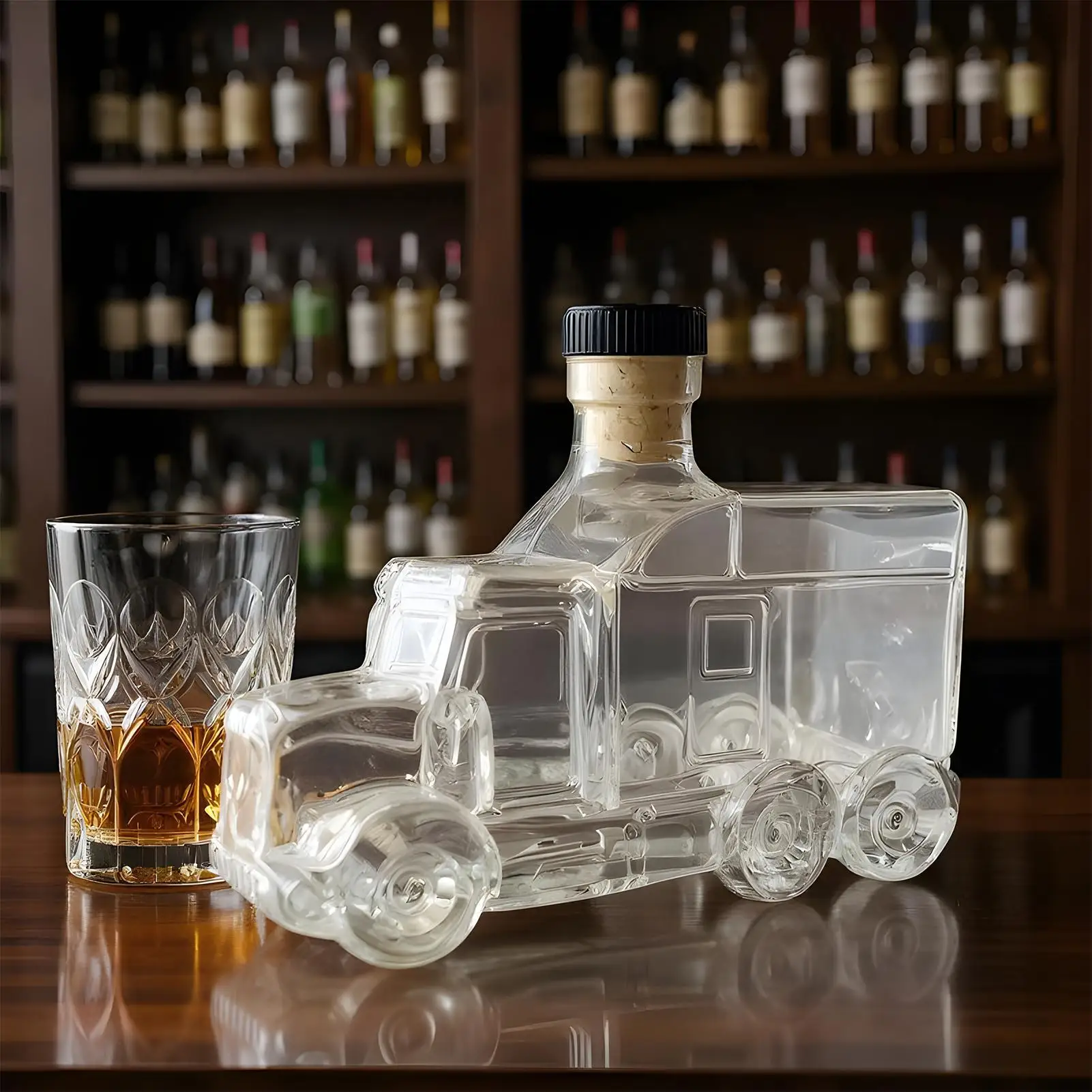 Wine Beer Truck - 車のガラス製ワインボトル型ハーフトラック型ウイスキーデカンター 375ml デコレーションデカンター 面白いストッパー付き ビール、リキュール、シャンパン用