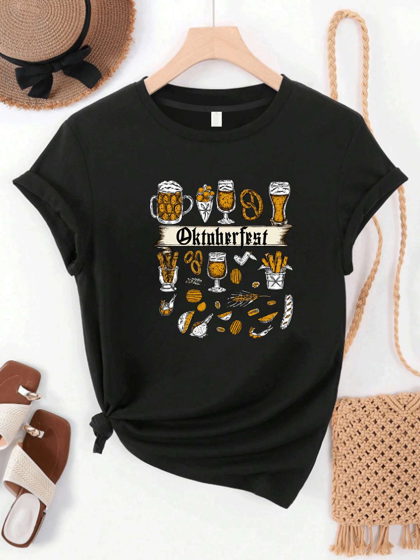Wine Plus Beer - 【MYJ06261】ビールフェスティバル レディース プラスサイズ Tシャツ ワインセットコレクション柄 ラウンドネック半袖Tシャツ